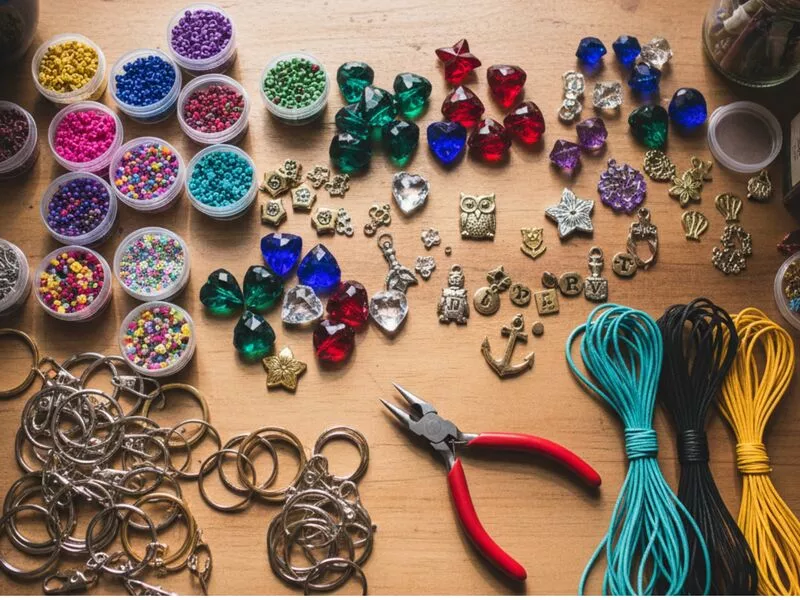 Materiais de artesanato com miçangas e ferramentas.