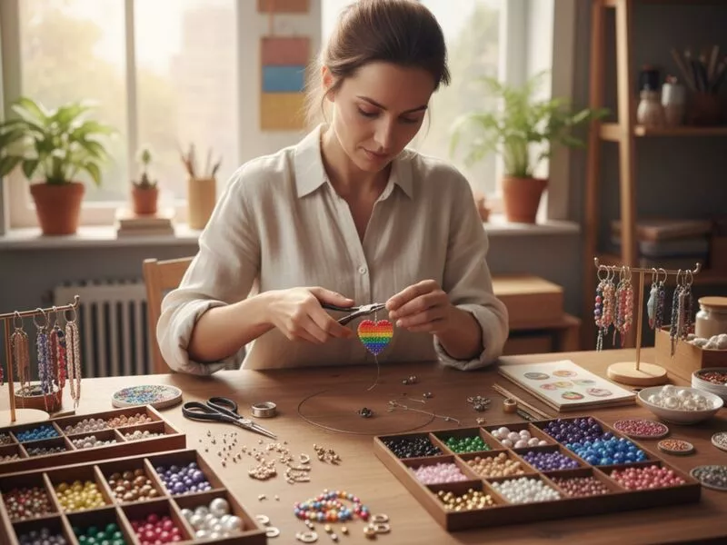 Mulher criando bijuterias em um ambiente de trabalho artesanal.