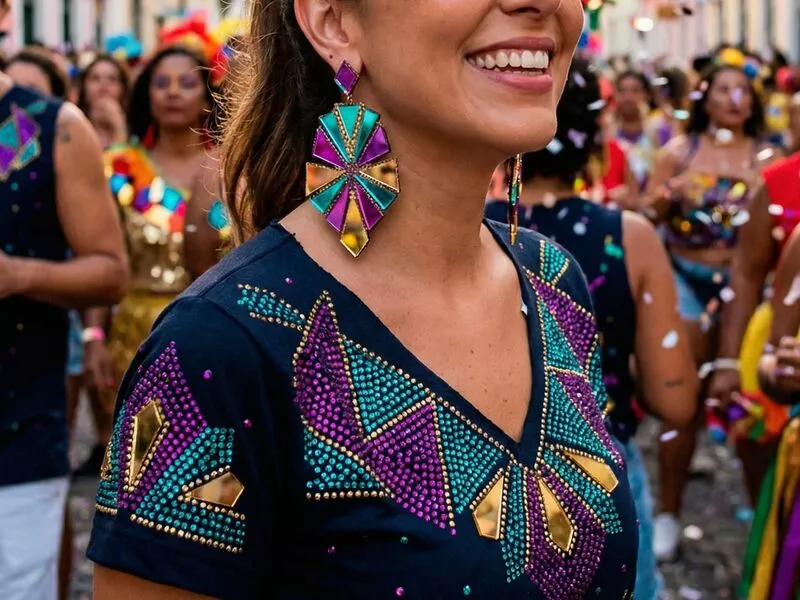 Mulher sorridente em festa de carnaval com roupas coloridas