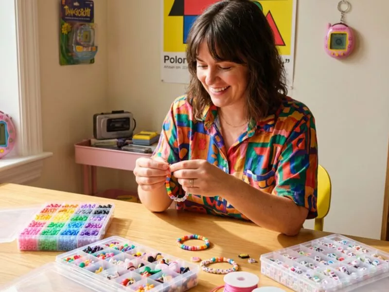 Mulher sorridente criando pulseiras coloridas.