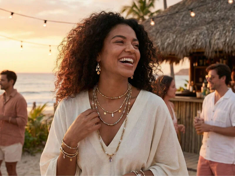 Mulher usando joias na praia