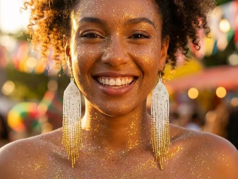 Mulher sorridente com glitter e brincos longos