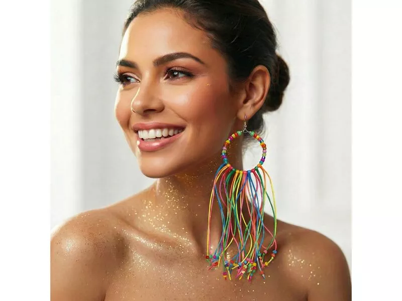 Mulher sorrindo com brinco colorido e brilho na pele.