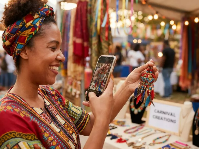 Mulher tirando foto de brincos coloridos em feira