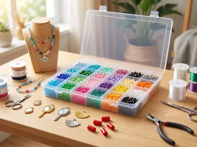 Caixa de bijuterias com miçangas coloridas sobre mesa