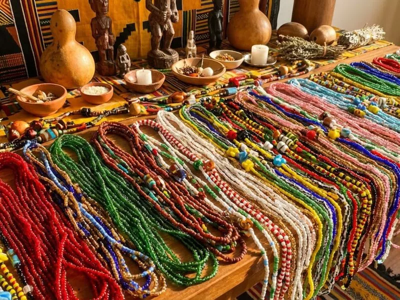 Mesas com colares coloridos e objetos decorativos africanos