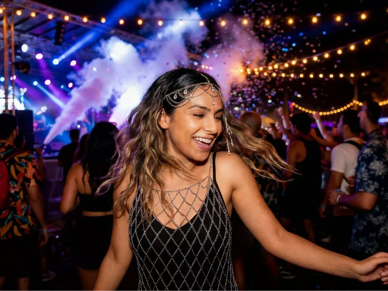 Jovem dançando em festa com luzes e confetes