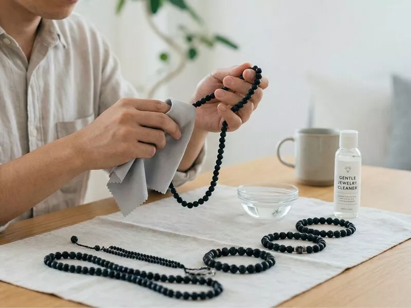 Limpeza de bijuterias com pano e produto apropriado.