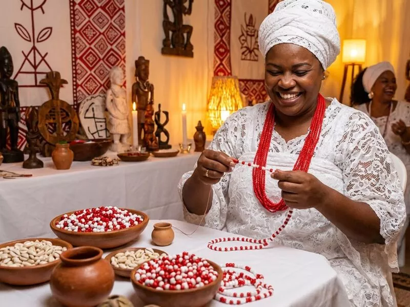 Mulher sorrindo enquanto faz colares com contas coloridas