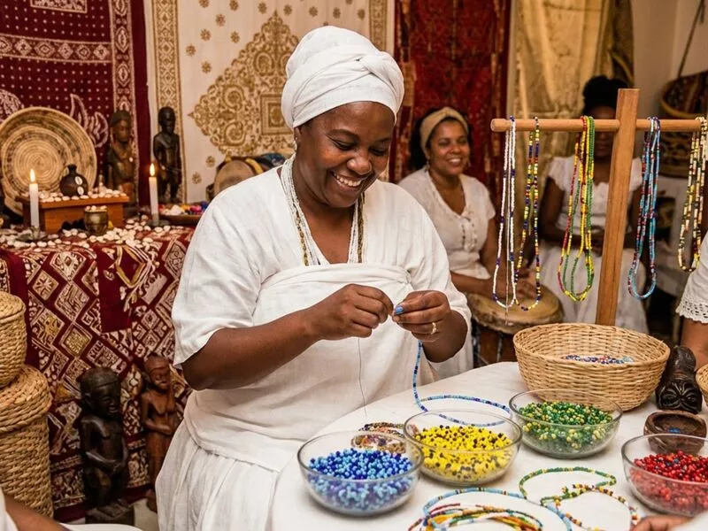 Mulher fazendo colares com contas coloridas