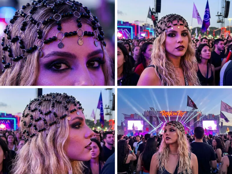 Mulher com tiara em festival de música ao ar livre