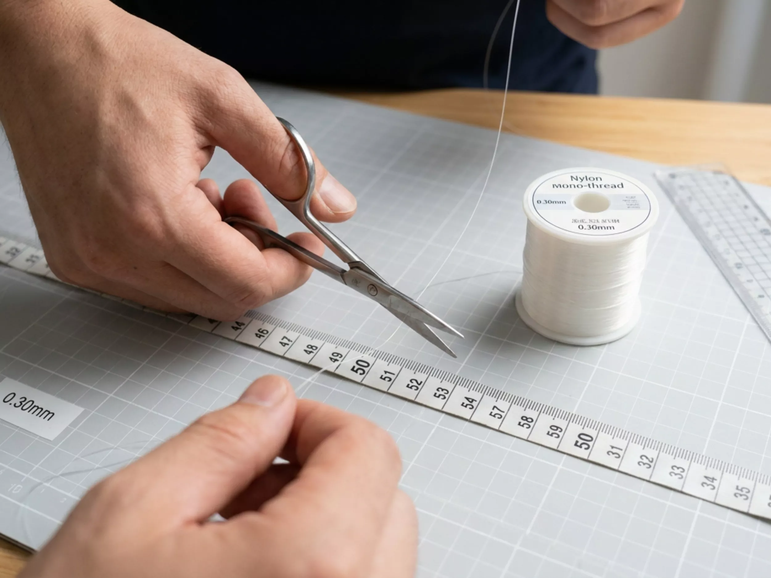 Cortando linha de nylon com tesoura