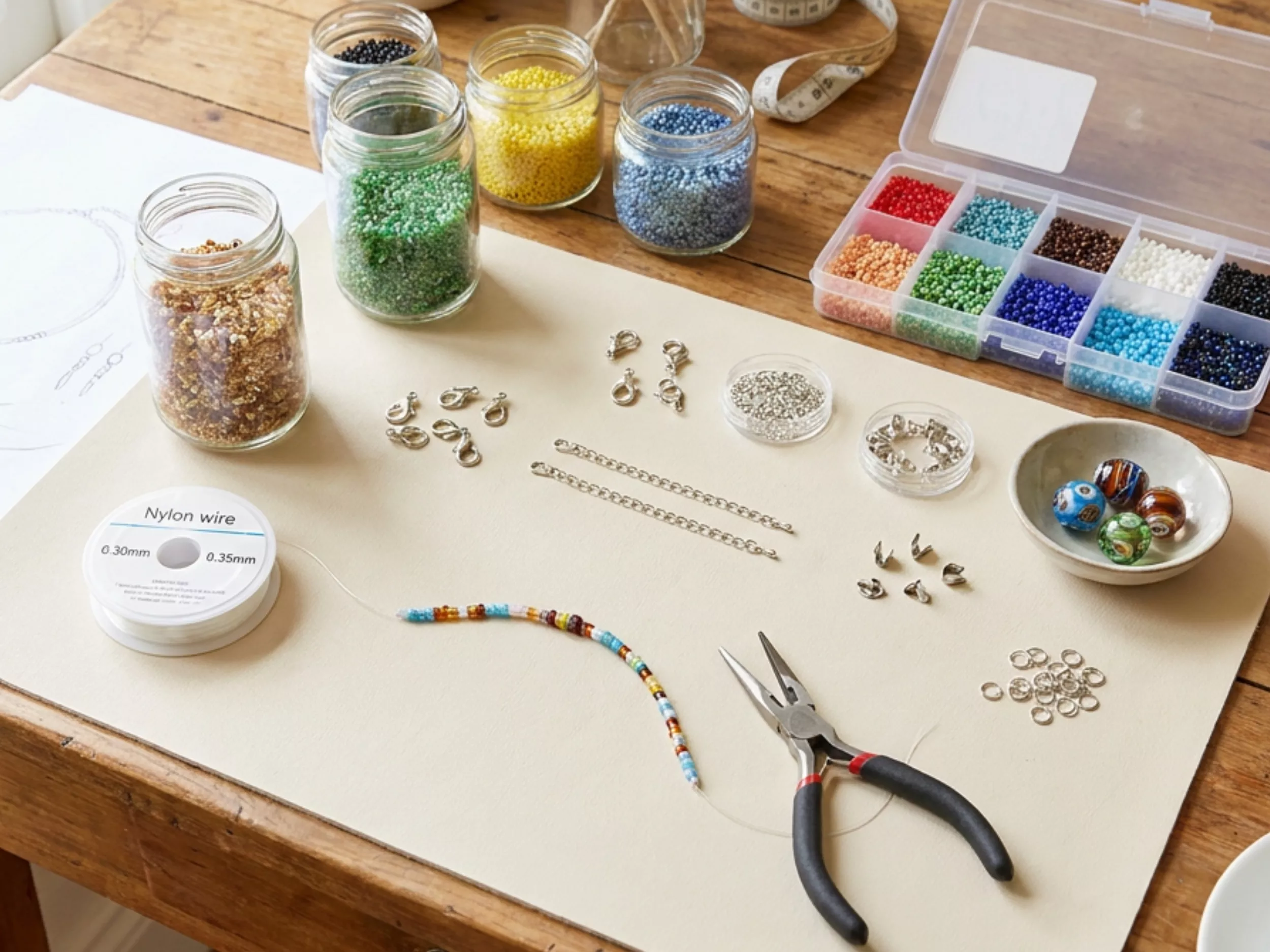 Materiais para artesanato com miçangas e ferramentas