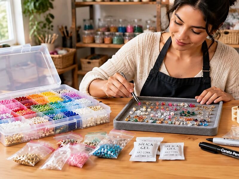 Mulher criando arte com contas coloridas em mesa