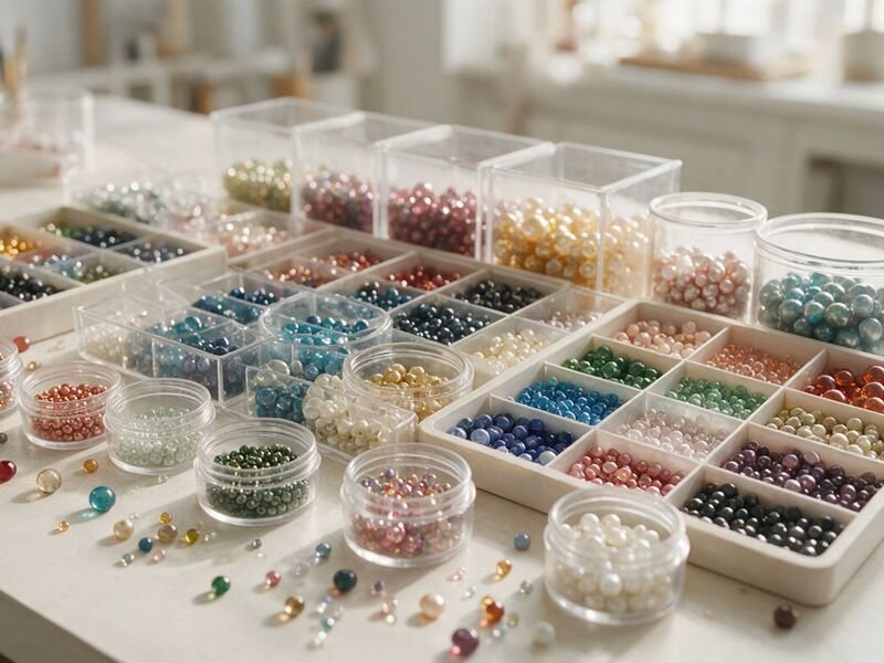 Pessoas organizando contas coloridas para artesanato.