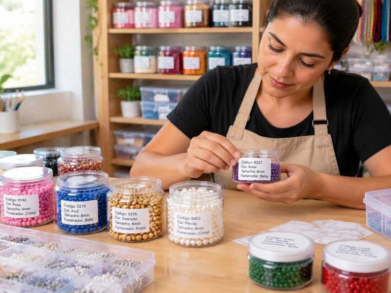 Mulher organizando contas coloridas em sua loja de artesanato