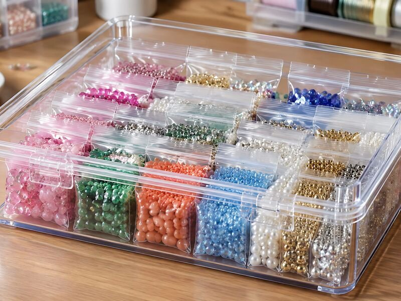 Organização de miçangas coloridas em caixa transparente